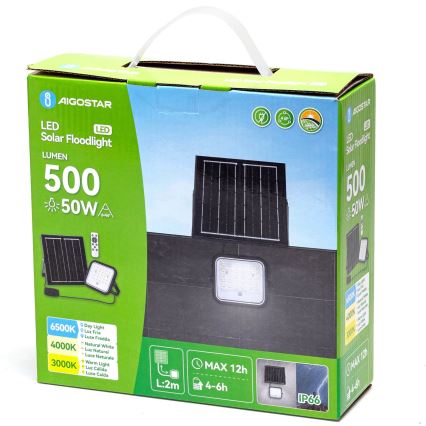 Aigostar - Proyector solar LED regulable LED/50W/3,4V 3000/4000/6500K IP66 4000 mAh + mando a distancia