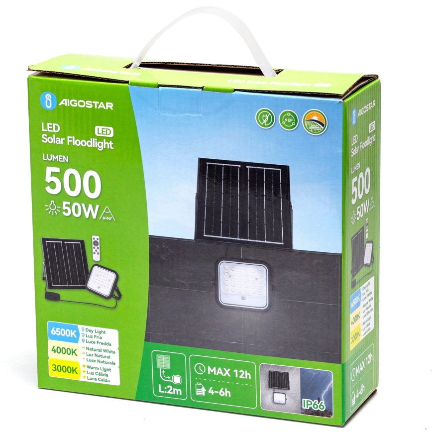 Aigostar - Proyector solar LED regulable LED/50W/3,4V 3000/4000/6500K IP66 4000 mAh + mando a distancia