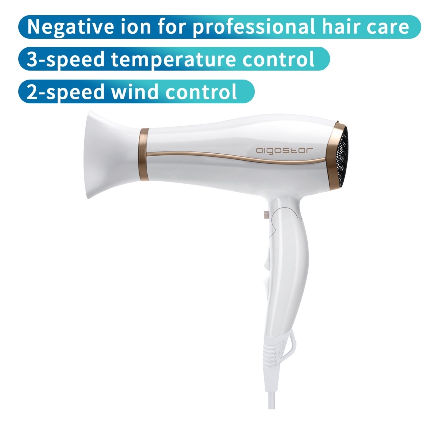 Aigostar - Secador de pelo con ionizador 2200W/230V blanco