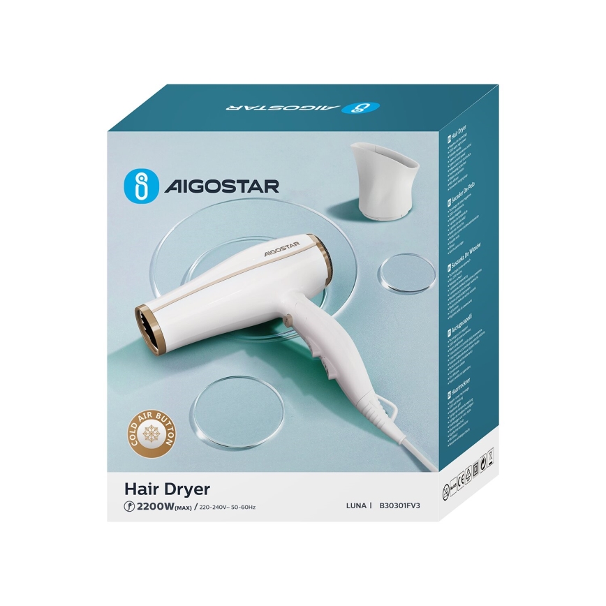 Aigostar - Secador de pelo con ionizador 2200W/230V blanco