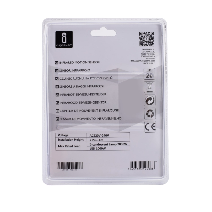 Aigostar - Sensor de movimiento infrarrojo 230V blanco
