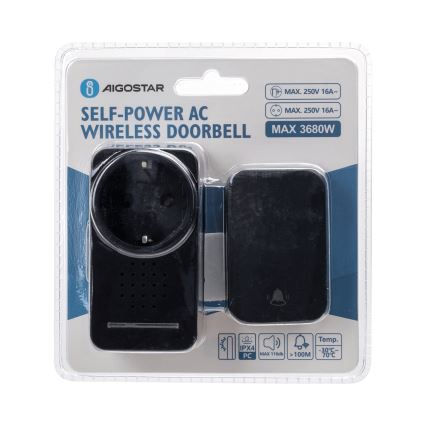 Aigostar - Timbre inalámbrico con enchufe integrado 1Z 230V IPX4 negro