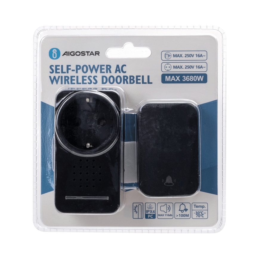Aigostar - Timbre inalámbrico con enchufe integrado 1Z 230V IPX4 negro