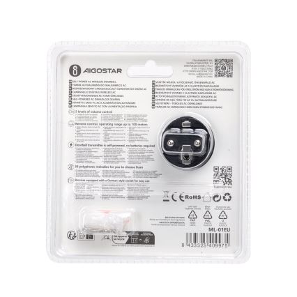 Aigostar - Timbre inalámbrico con enchufe integrado 1Z 230V IPX4 negro