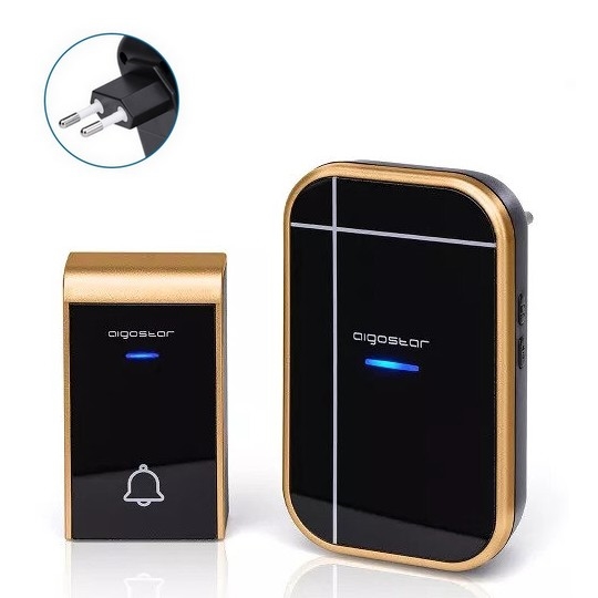 Aigostar - Timbre inalámbrico con enchufe integrado 230V/12V IP44 negro