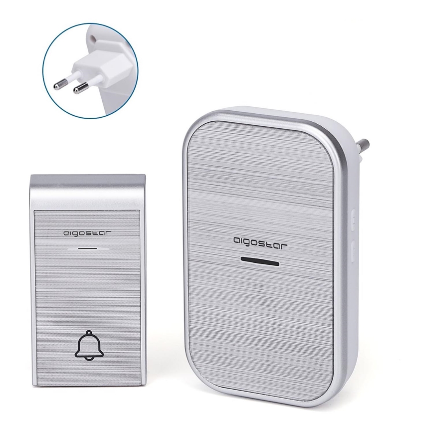 Aigostar - Timbre inalámbrico con enchufe integrado 230V/12V IP44 plata