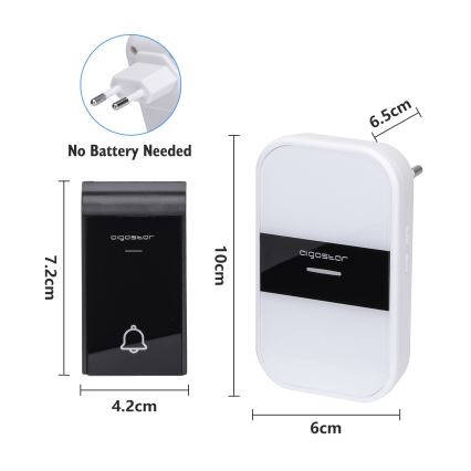 Aigostar - Timbre inalámbrico para enchufe 230V/12V IP44 blanco/negro