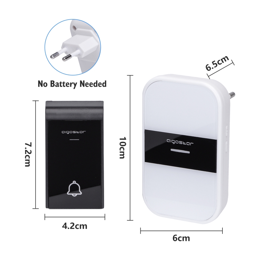 Aigostar - Timbre inalámbrico para enchufe 230V/12V IP44 blanco/negro