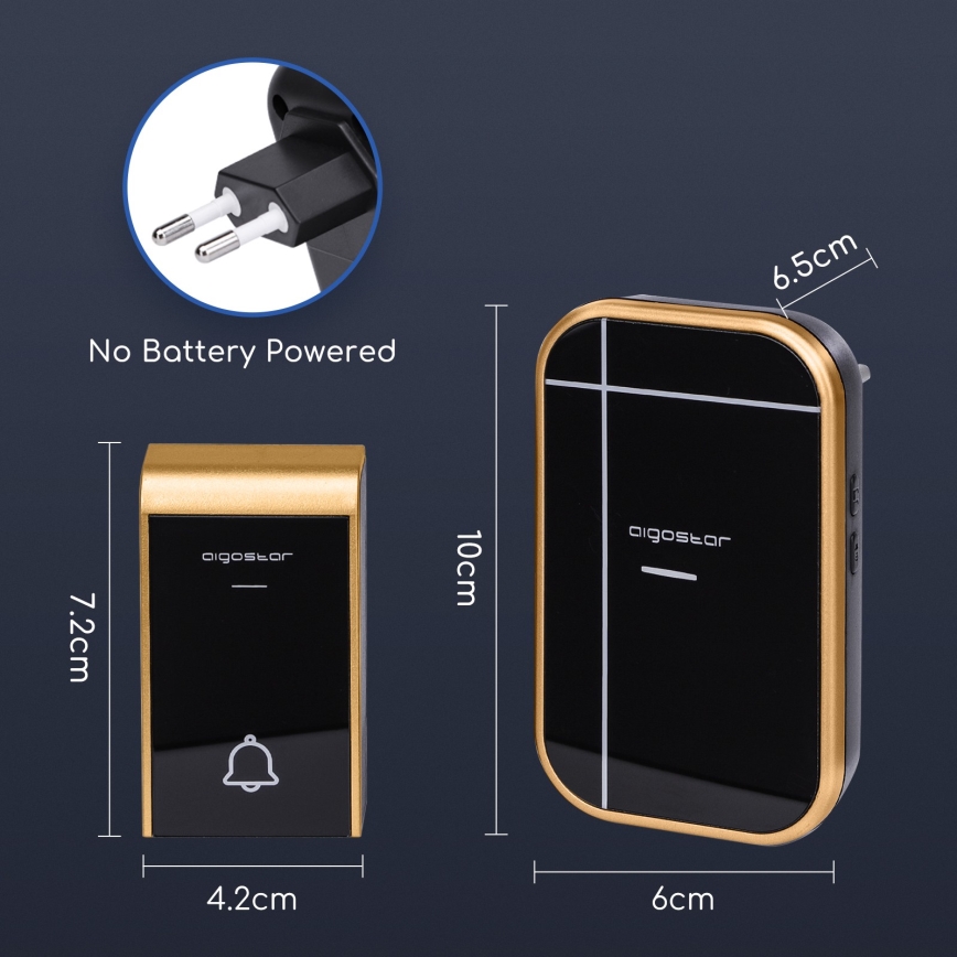 Aigostar - Timbre inalámbrico para enchufe 230V/12V IP44 negro