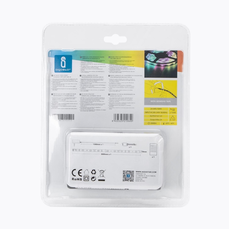 Aigostar - Tira LED RGB regulable para exterior 3m LED/24W/12/230V IP65 + mando a distancia