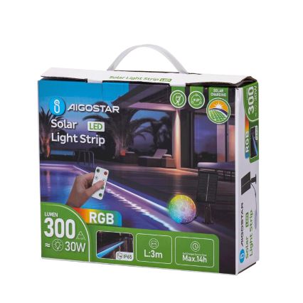 Aigostar - Tira solar LED RGB regulable LED/1,6W/3,2V 3+2m IP65 1800 mAh + mando a distancia