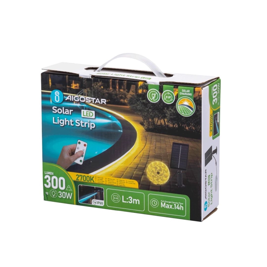 Aigostar - Tira solar LED regulable LED/1,6W/3,2V 3 m 2700K IP65 1800 mAh + mando a distancia