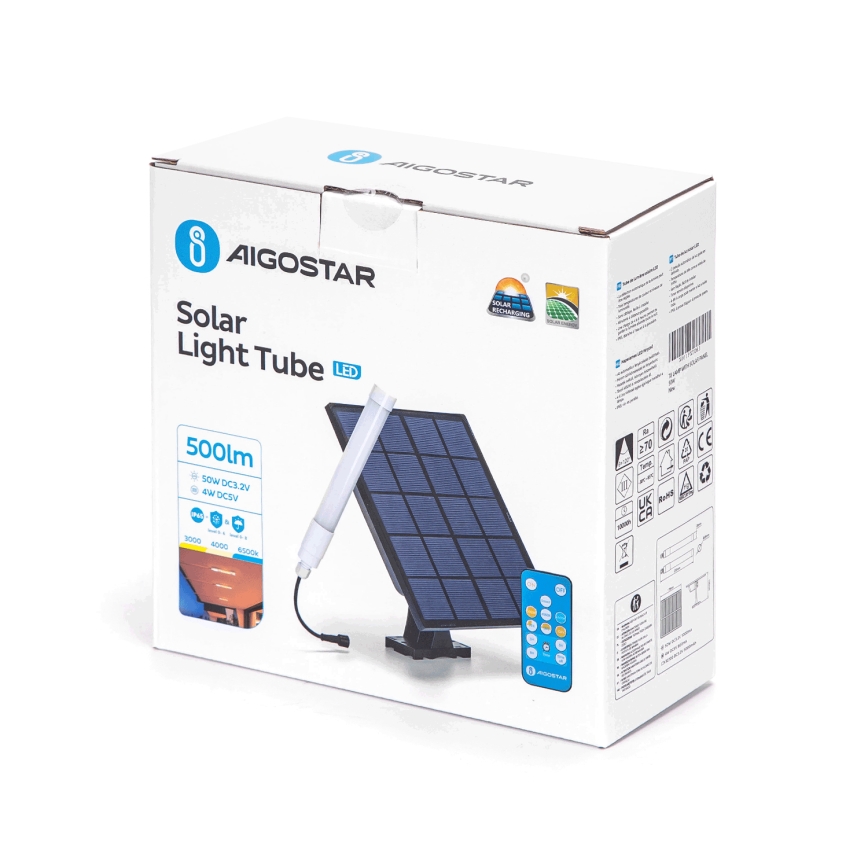 Aigostar - LED Regulable tubo con panel sol. LED/3,2V 3000K/4000K/6500K IP65 5000 mAh + control remoto