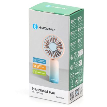 Aigostar - Ventilador de bolsillo recargable 3W/5V 500 mAh USB rosa/azul