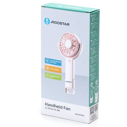 Aigostar - Ventilador de bolsillo recargable 4,5W/3,7V 1200mAh USB rosa