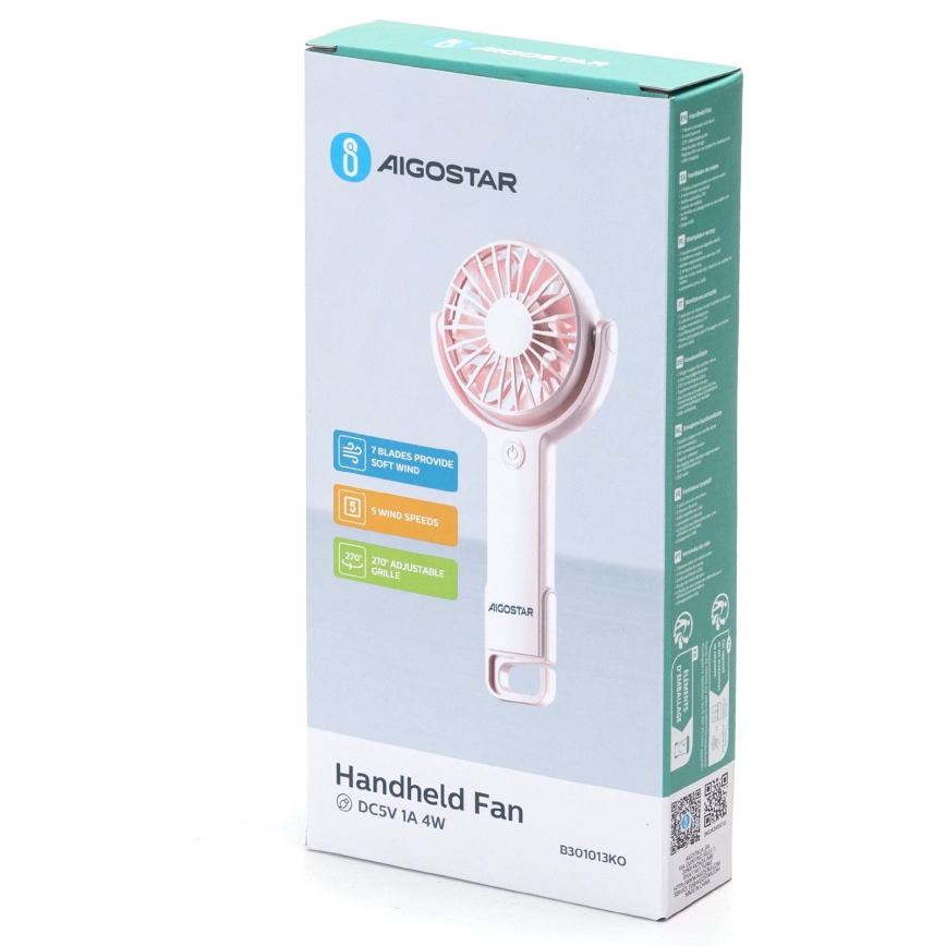 Aigostar - Ventilador de bolsillo recargable 4,5W/3,7V 1200mAh USB rosa