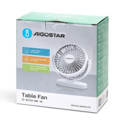 Aigostar - Ventilador de mesa recargable 4W/5V 1500mAh blanco