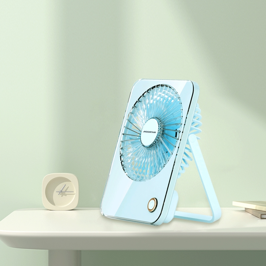 Aigostar - Ventilador de mesa recargable 5W/5V 3600mAh USB azul