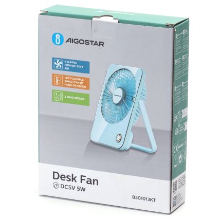 Aigostar - Ventilador de mesa recargable 5W/5V 3600mAh USB azul