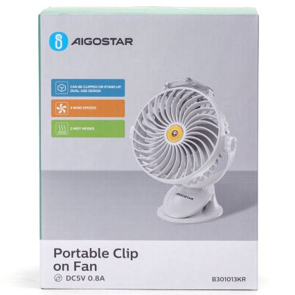 Aigostar - Ventilador de mesa recargable con clip 2W/5V 2400mAh USB blanco