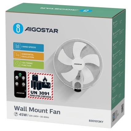 Aigostar -  Ventilador de pared 45W/230V blanco + control remoto