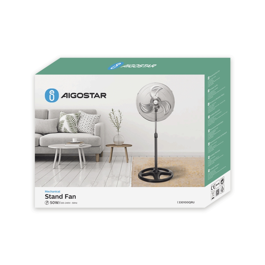 Aigostar - Ventilador de pie 55W/230V cromo brillante/negro