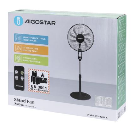 Aigostar - Ventilador de pie 60W/230V negro + mando a distancia