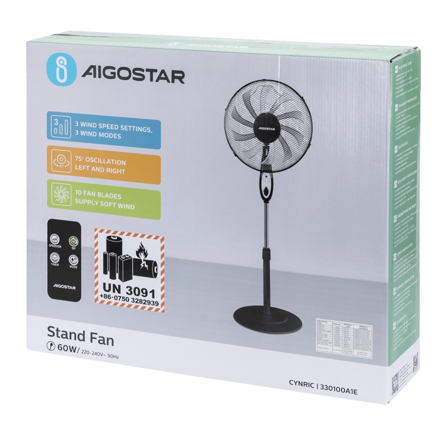 Aigostar - Ventilador de pie 60W/230V negro + mando a distancia