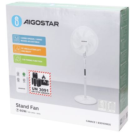 Aigostar - Ventilador de pie 60W/230V blanco + mando a distancia