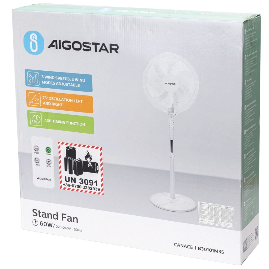 Aigostar - Ventilador de pie 60W/230V blanco + mando a distancia