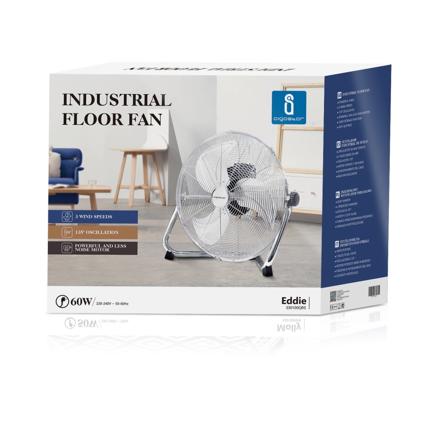 Aigostar - Ventilador de suelo 60W/230V 44,5 cm cromo brillante