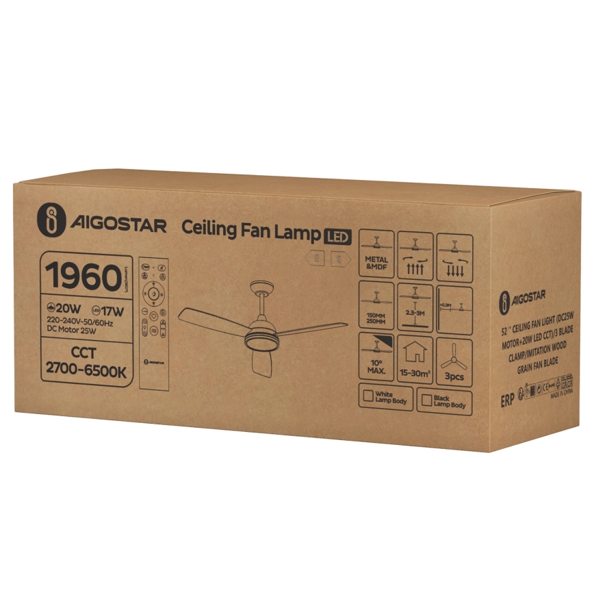 Aigostar - Ventilador de techo LED regulable LED/20W/230V 2700-6500K 132cm marrón + control remoto