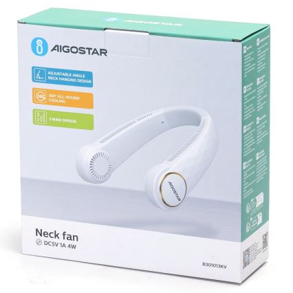 Aigostar - Ventilador recargable para el cuello 4W/5V 2000mAh blanco