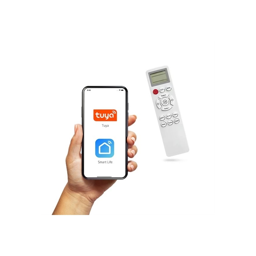 Aire acondicionado solar híbrido 5 kW Tuya Wi‑Fi blanco + mando a distancia