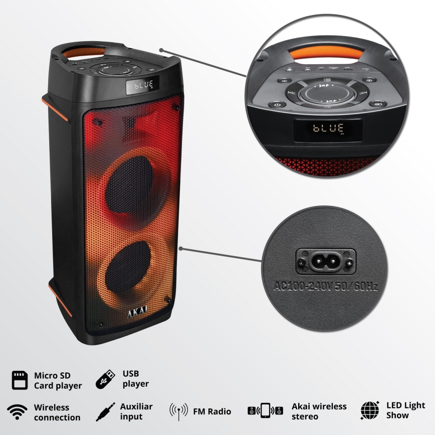 AKAI PARTY BOX 810 - Altavoz inalámbrico 65W/230V 5000 mAh + mando a distancia