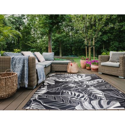 Alfombra de exterior JUNGLE 160x220 cm negro/blanco/estampado de hojas