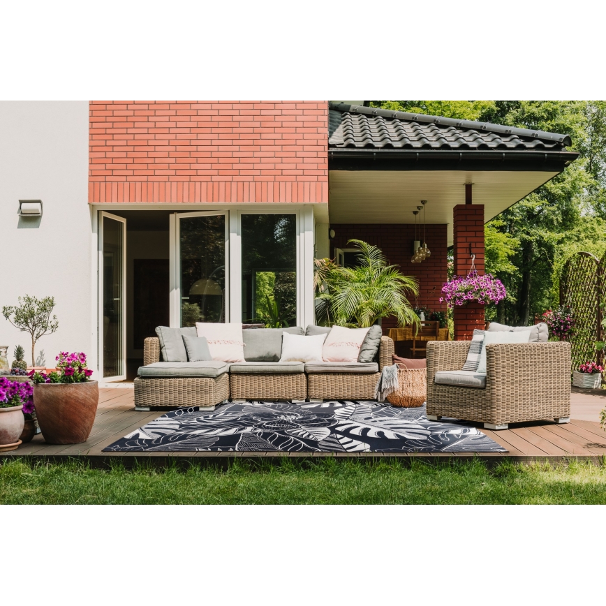 Alfombra de exterior JUNGLE 160x220 cm negro/blanco/estampado de hojas