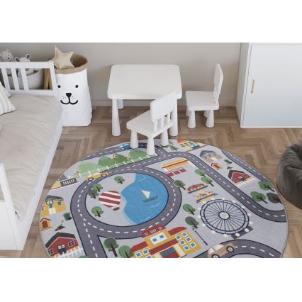 Alfombra infantil antideslizante ARES STREETS 160 cm gris/ciudad