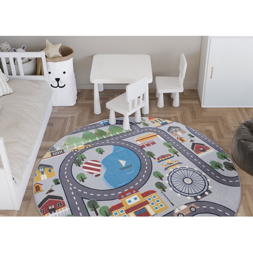 Alfombra infantil antideslizante ARES STREETS 160 cm gris/ciudad