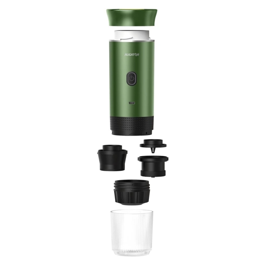 Aligator ACM003 - Cafetera portátil recargable de viaje PortaCaffé 3 en 1 72W/7500 mAh verde