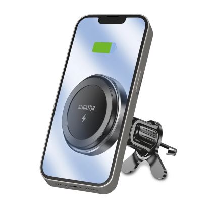 Aligator AMS05BK - Soporte magnético para teléfono de coche con carga inalámbrica Qi de 15 W y MagSafe, negro