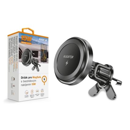 Aligator AMS05BK - Soporte magnético para teléfono de coche con carga inalámbrica Qi de 15 W y MagSafe, negro