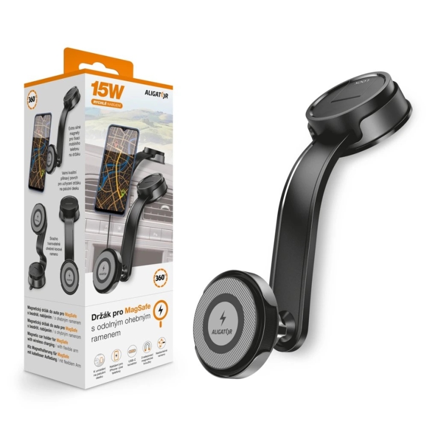 Aligator AMS07BK - Soporte de coche para teléfono con brazo flexible MagSafe, negro