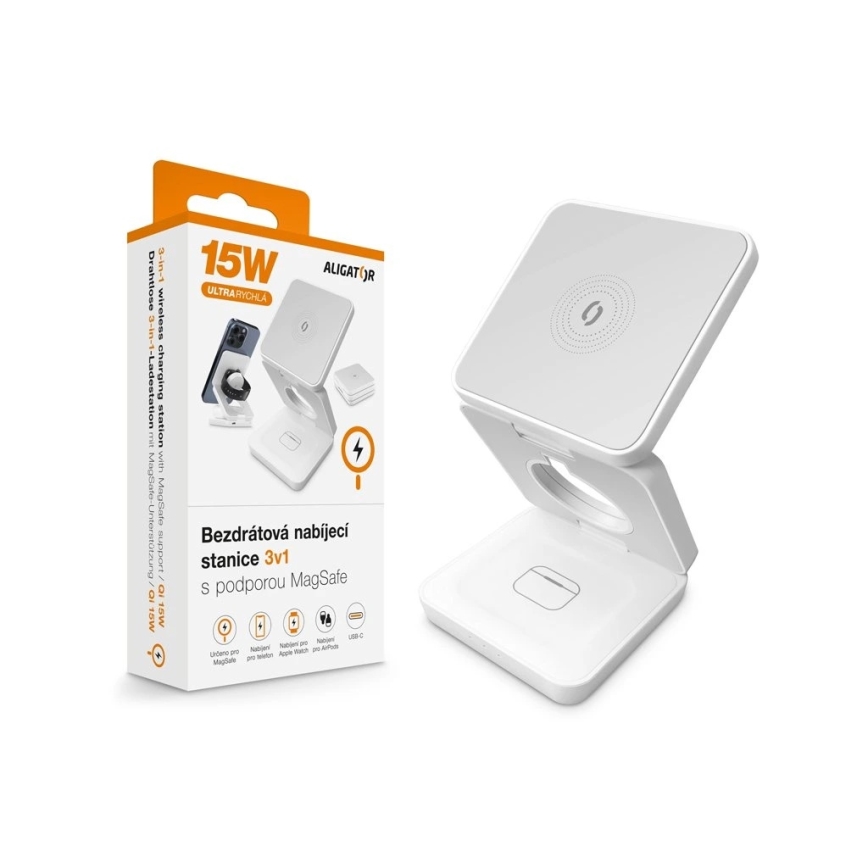 Aligator AMS09WT - Estación de carga inalámbrica MagSafe 3 en 1 15W blanca
