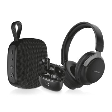 Aligator AUC001 - Combo de audio 3 en 1: auriculares de diadema 150 mAh, auriculares inalámbricos 200 mAh + 2x 30 mAh y altavoz 1200 mAh