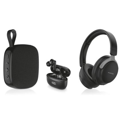 Aligator AUC001 - Combo de audio 3 en 1: auriculares de diadema 150 mAh, auriculares inalámbricos 200 mAh + 2x 30 mAh y altavoz 1200 mAh
