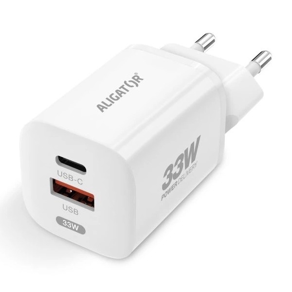 Aligator CHPD0020 - Adaptador de carga rápida GaN con Power Delivery 33 W, USB-A + USB-C, blanco
