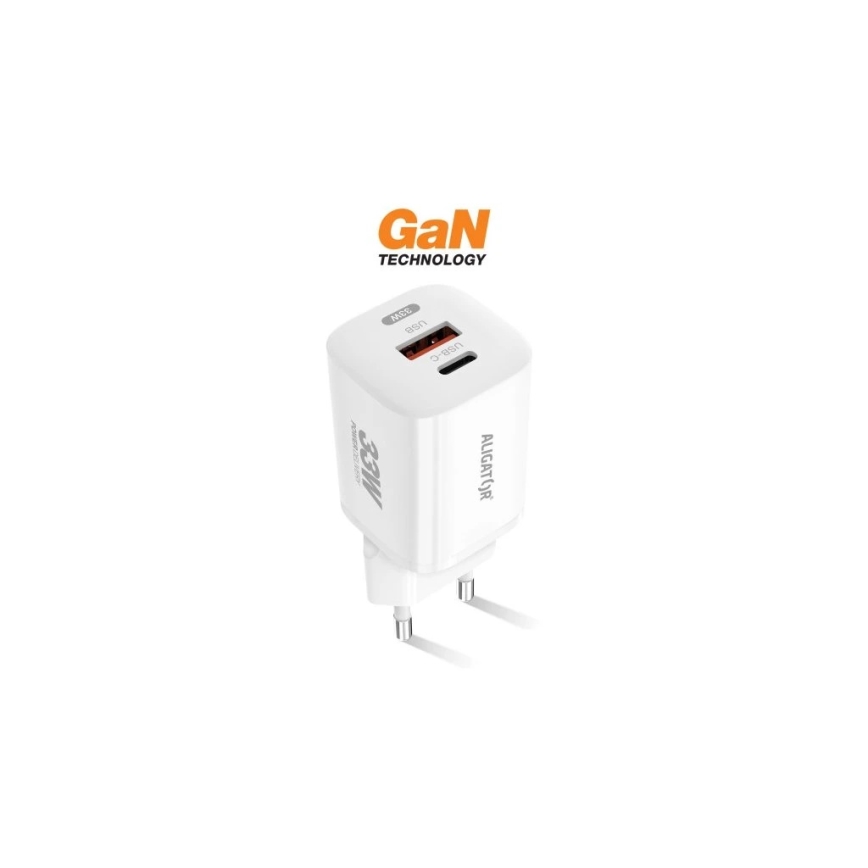 Aligator CHPD0020 - Adaptador de carga rápida GaN con Power Delivery 33 W, USB-A + USB-C, blanco