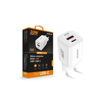 Aligator CHPD0020 - Adaptador de carga rápida GaN con Power Delivery 33 W, USB-A + USB-C, blanco