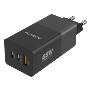 Aligator CHPD0027 - Adaptador de carga rápida GaN con Power Delivery (PD) de 65 W, 2x USB-C + USB-A, negro